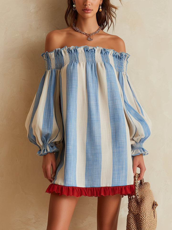Blue and white striped mini dress with off-the-shoulder neckline and contrasting hem