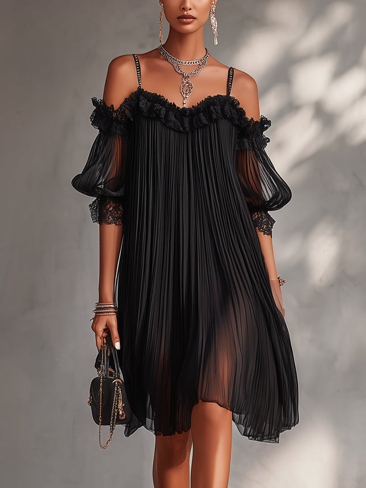 Black Mini Dress with Off-the-Shoulder Design and Lace Trim