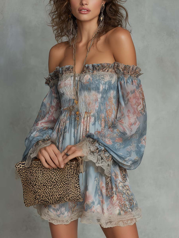 Mini Ruffled Dress with Off-Shoulder and Romantic Flowers