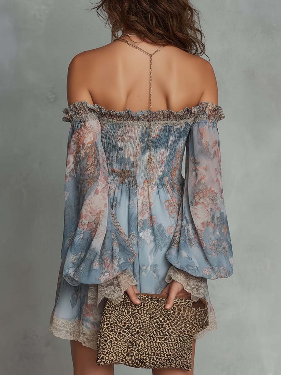 Mini Ruffled Dress with Off-Shoulder and Romantic Flowers