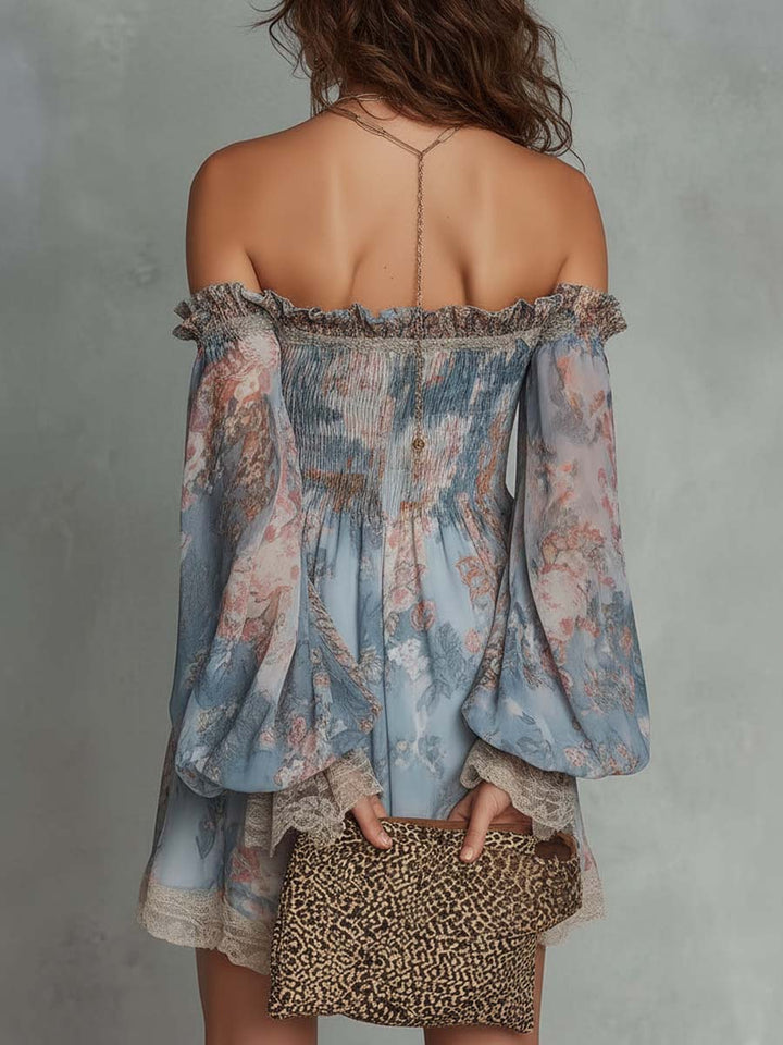 Mini Ruffled Dress with Off-Shoulder and Romantic Flowers