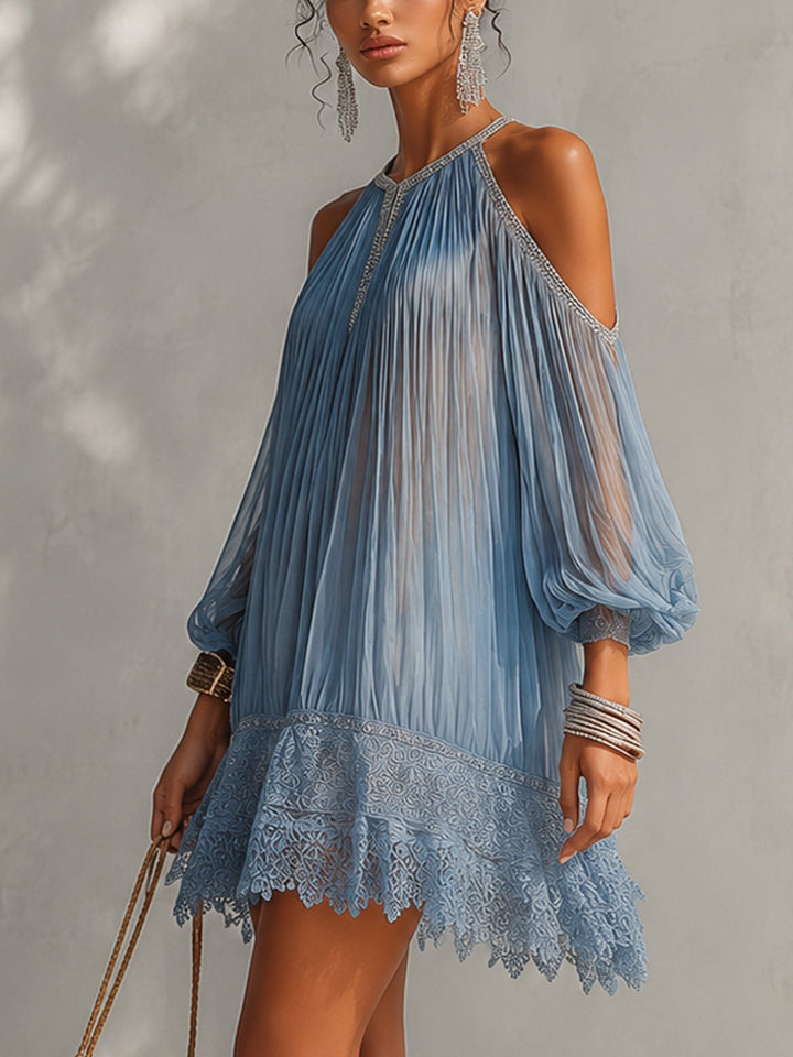 Blue Mini Off-Shoulder Ruffled Dress with Lace Hem
