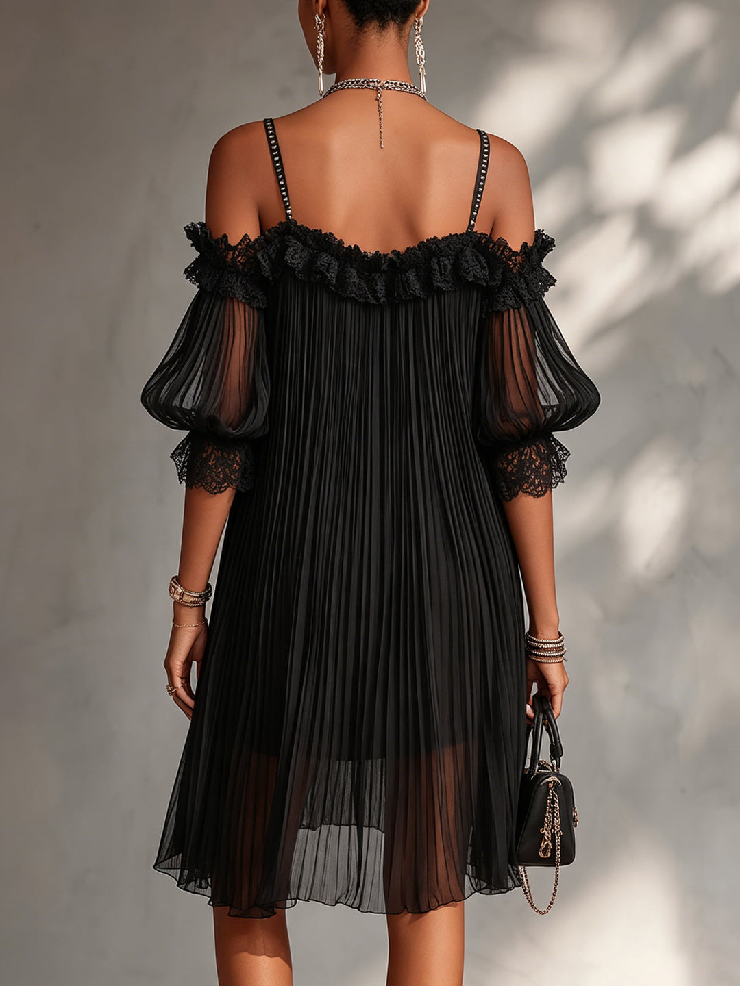 Black Mini Dress with Off-the-Shoulder Design and Lace Trim
