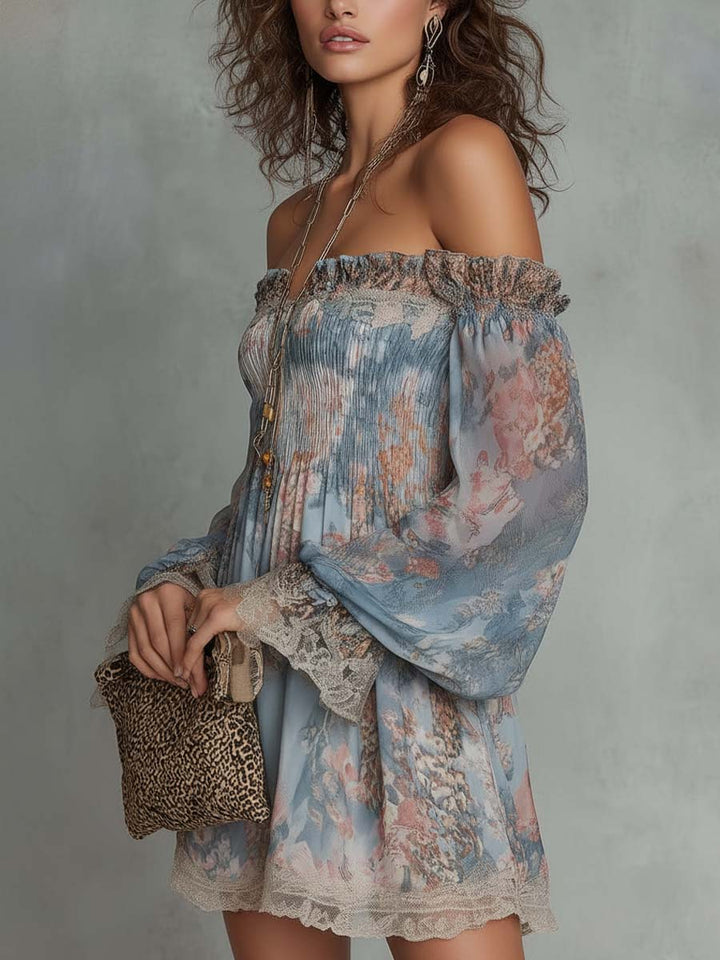 Mini Ruffled Dress with Off-Shoulder and Romantic Flowers
