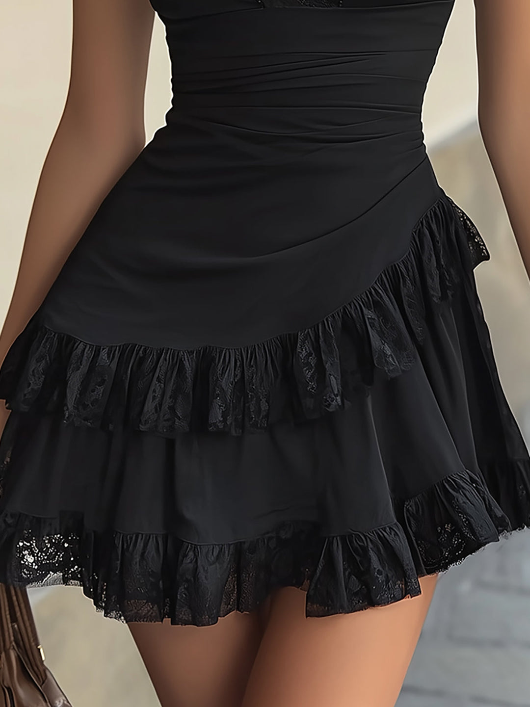 Mini Dress with Black Lace Ruffles and V-Neck