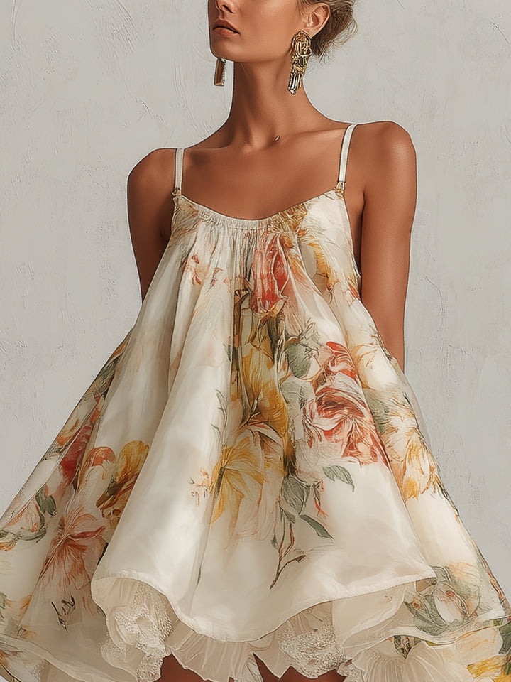 Beige Floral Organza Mini A-Line Dress with Lace Trim