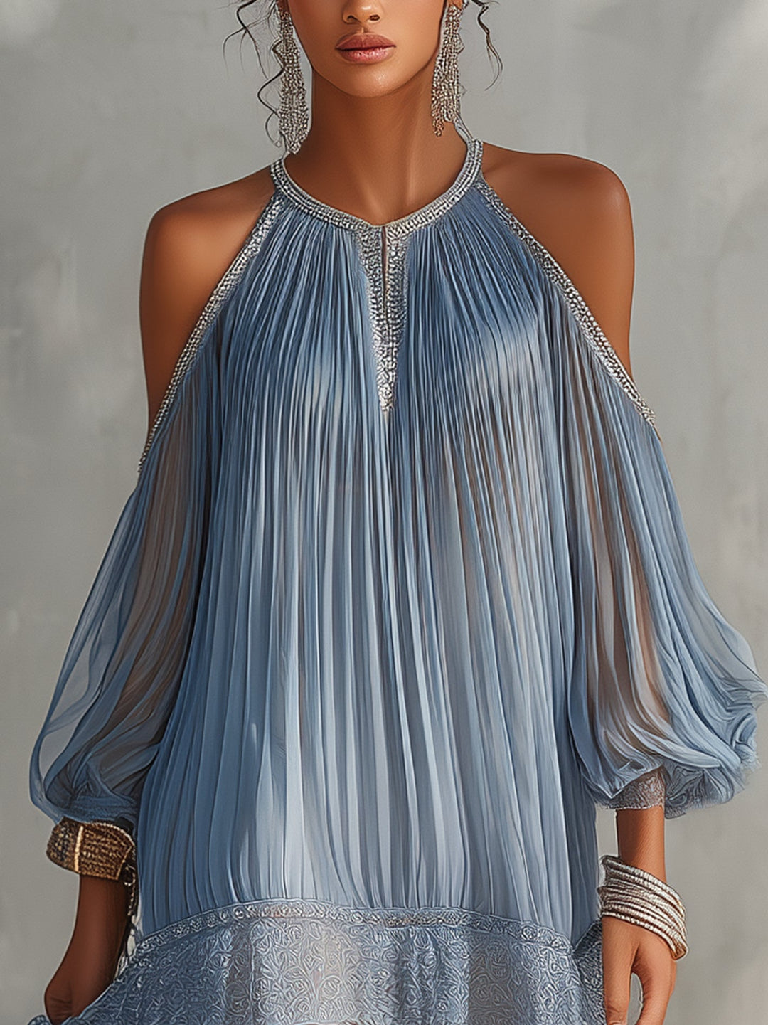 Blue Mini Off-Shoulder Ruffled Dress with Lace Hem