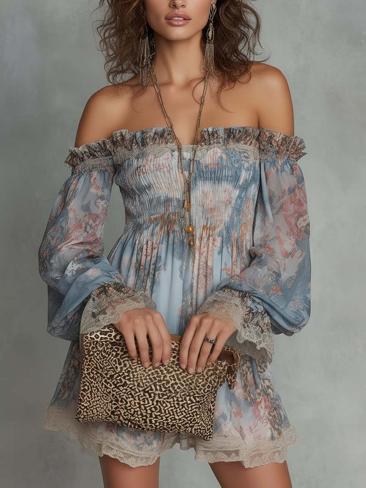 Mini Ruffled Dress with Off-Shoulder and Romantic Flowers