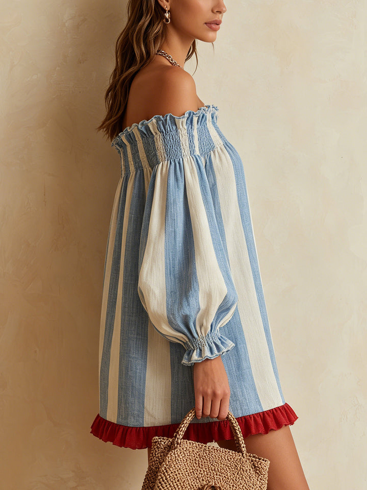 Blue and white striped mini dress with off-the-shoulder neckline and contrasting hem