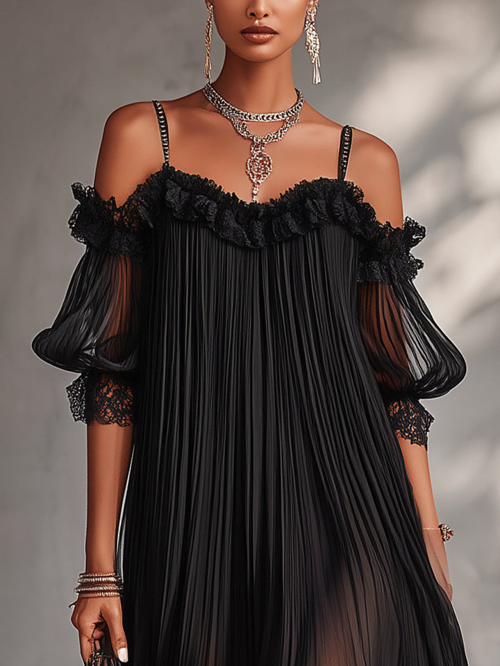 Black Mini Dress with Off-the-Shoulder Design and Lace Trim