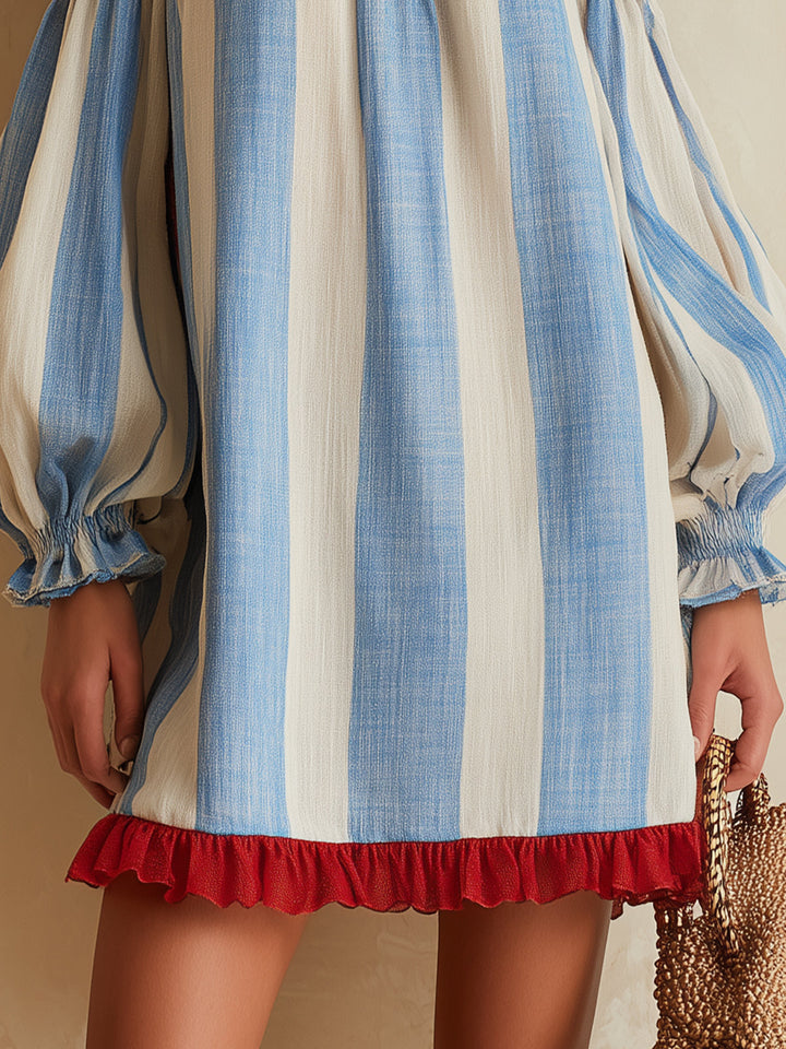 Blue and white striped mini dress with off-the-shoulder neckline and contrasting hem