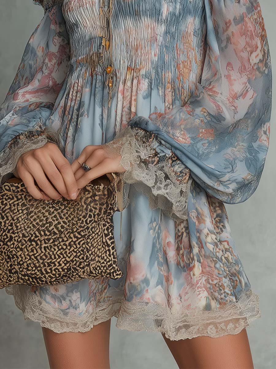 Mini Ruffled Dress with Off-Shoulder and Romantic Flowers