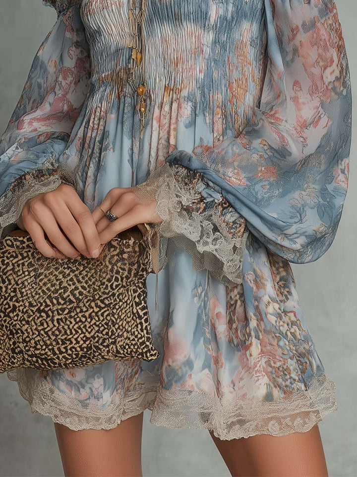 Mini Ruffled Dress with Off-Shoulder and Romantic Flowers