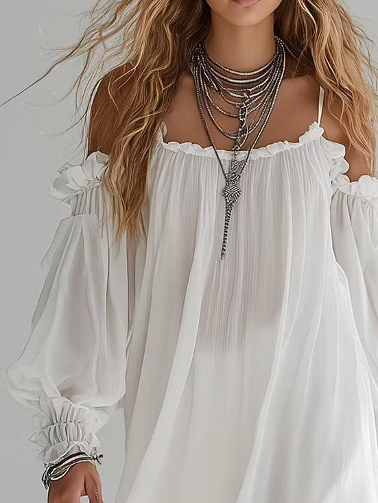 Bohemian Style Floating Mini Dress with Off-Shoulder Design