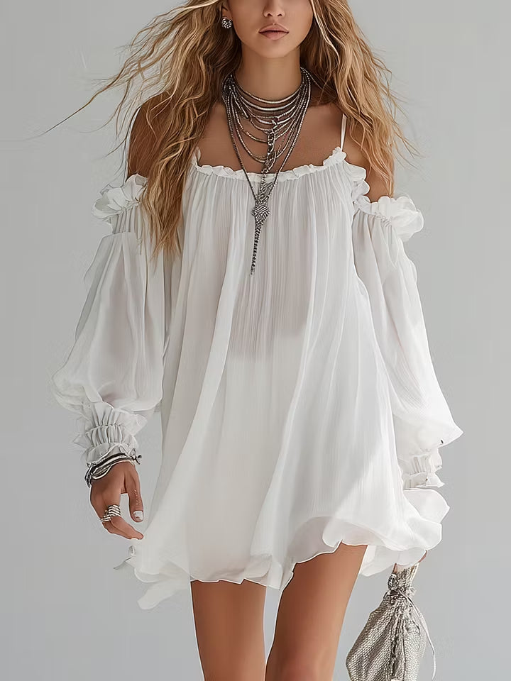 Bohemian Style Floating Mini Dress with Off-Shoulder Design