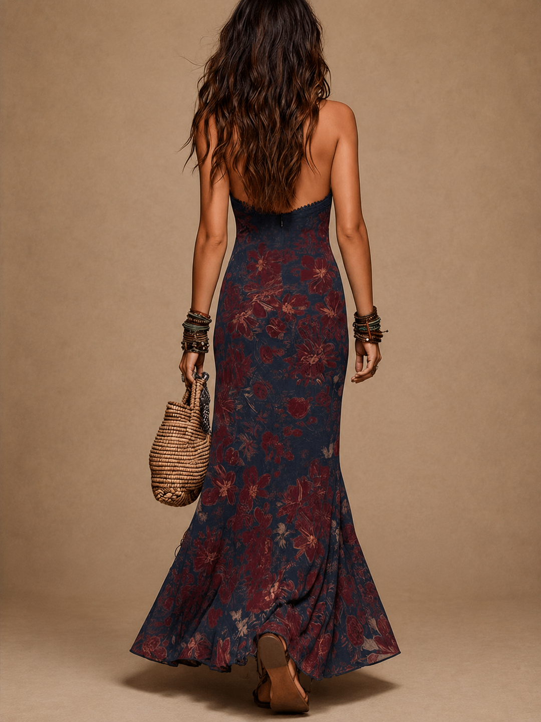 Lía - Long floral dress with lace and mermaid silhouette