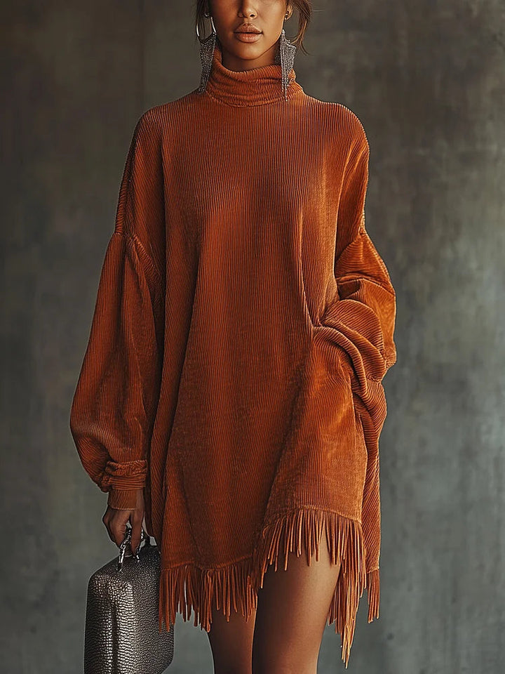 Orange Corduroy Dress with Fringed Hem and High Collar