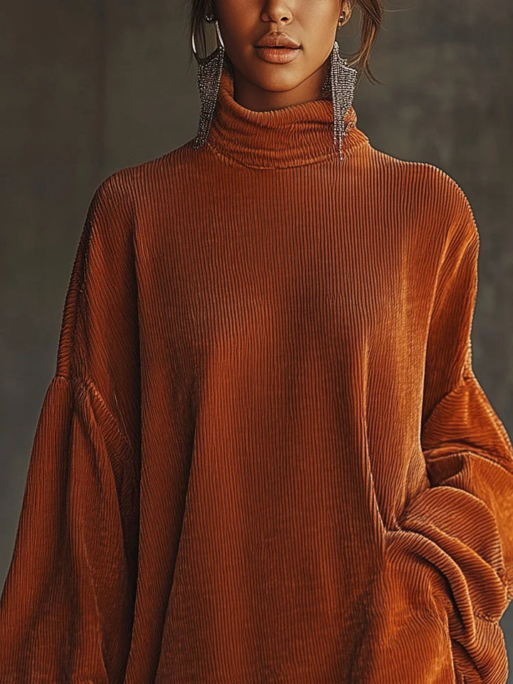 Orange Corduroy Dress with Fringed Hem and High Collar