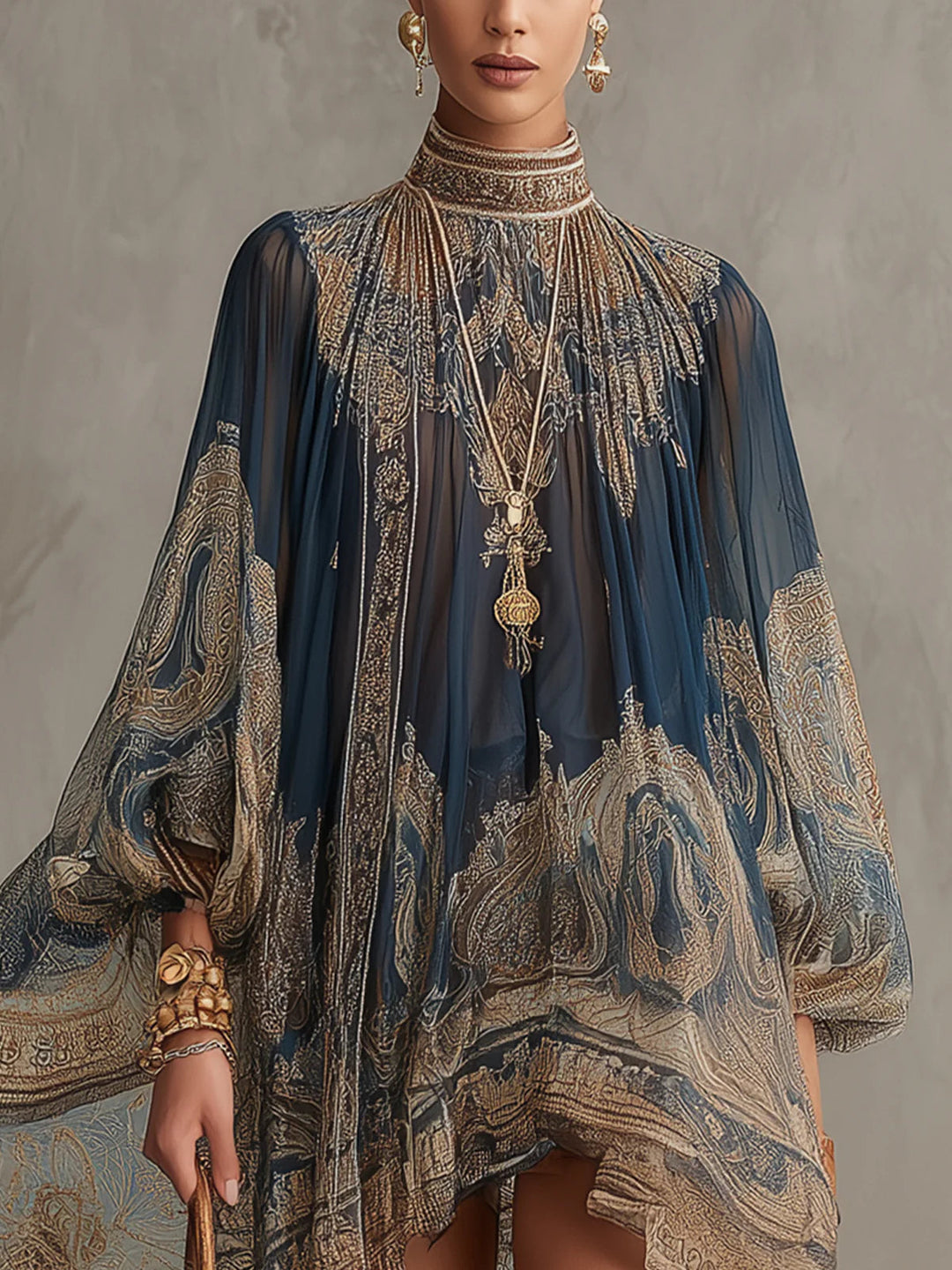 Irregular Mini Dress with Navy Blue Baroque Print and High Neck
