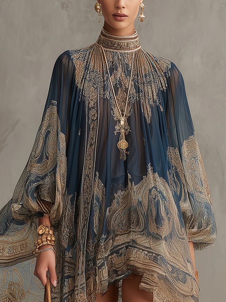 Irregular Mini Dress with Navy Blue Baroque Print and High Neck