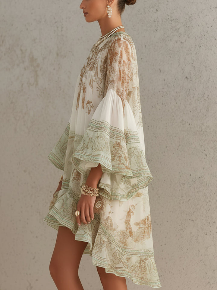 Mini Dress with Ruffled Sleeves and Green Striped Hem