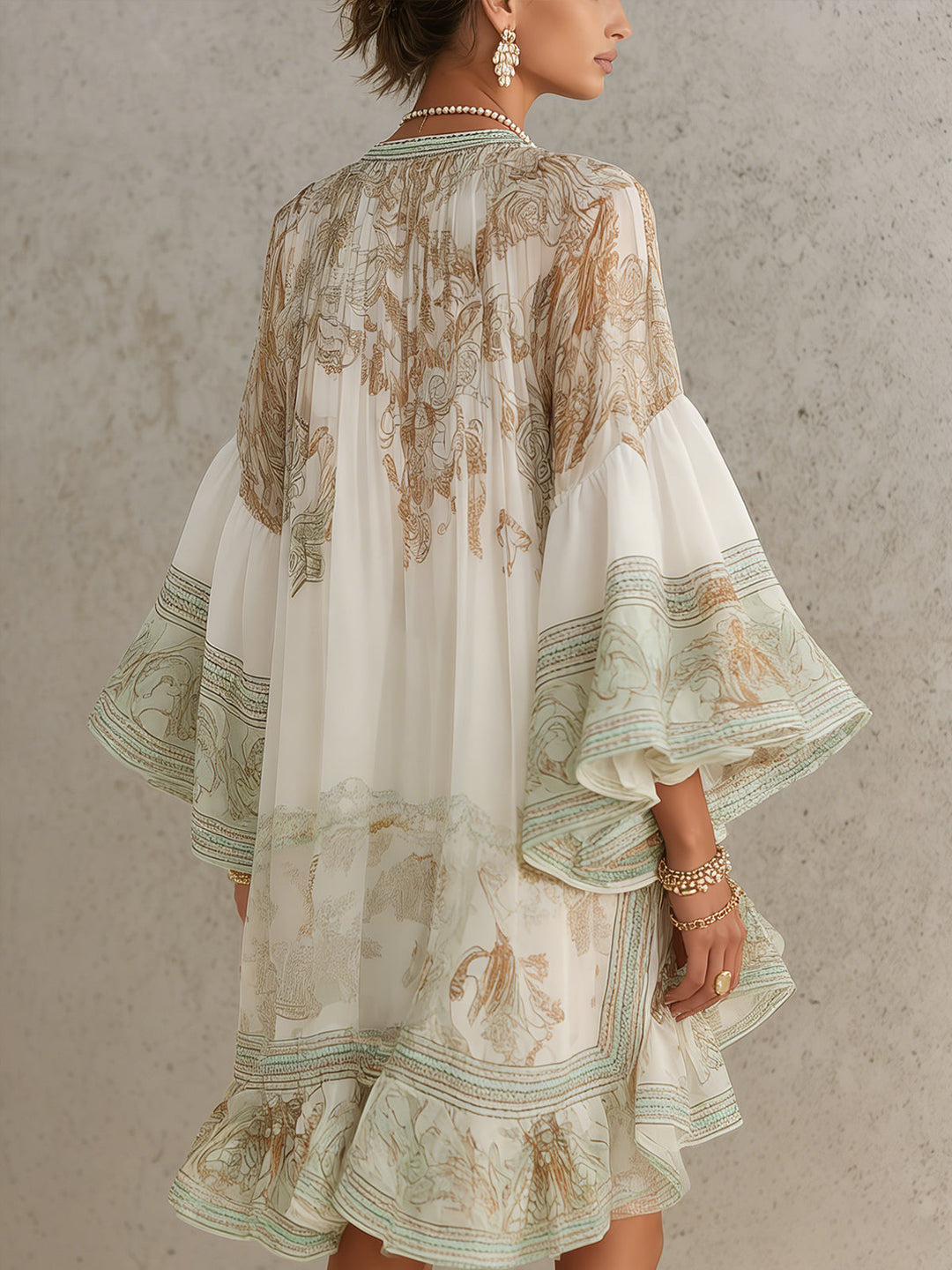 Mini Dress with Ruffled Sleeves and Green Striped Hem