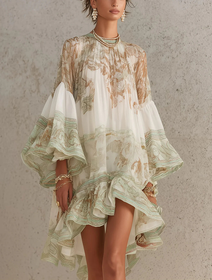 Mini Dress with Ruffled Sleeves and Green Striped Hem