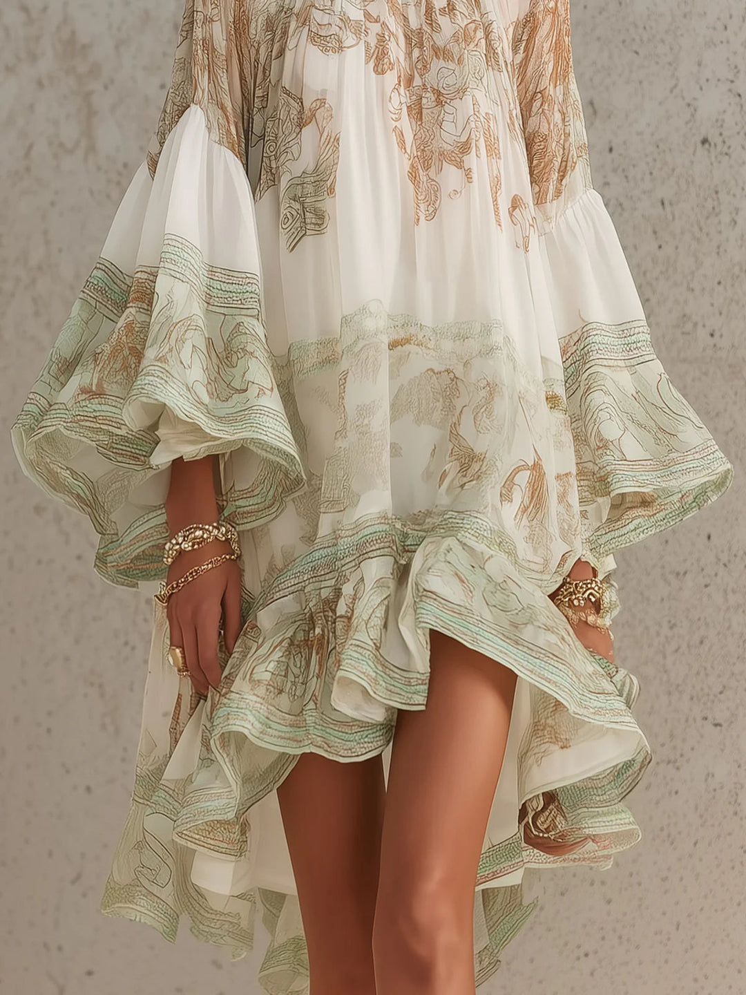 Mini Dress with Ruffled Sleeves and Green Striped Hem