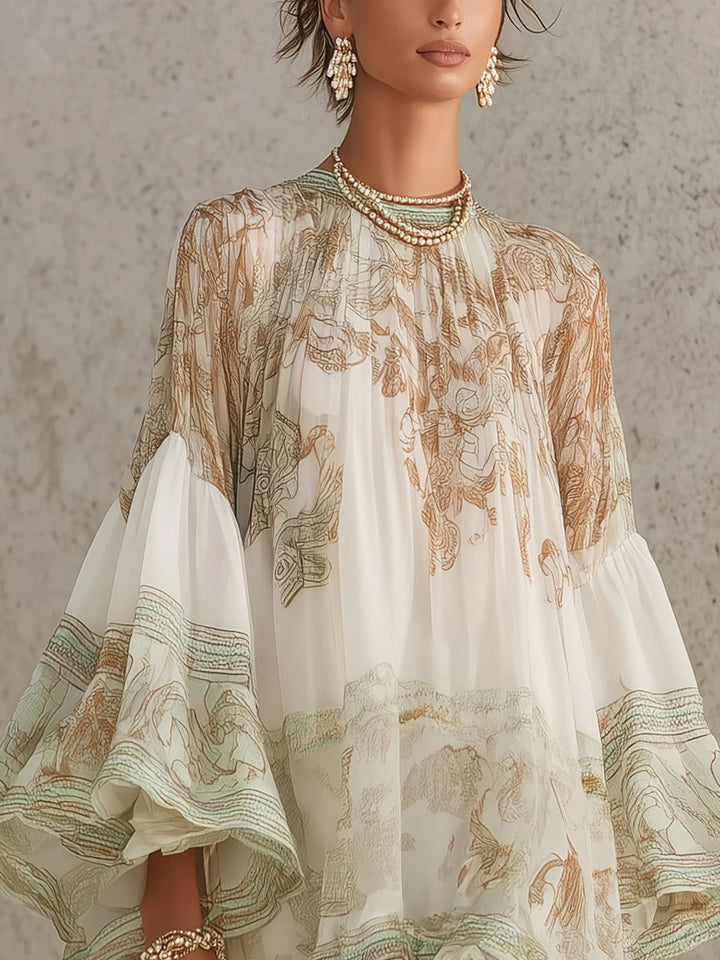 Mini Dress with Ruffled Sleeves and Green Striped Hem