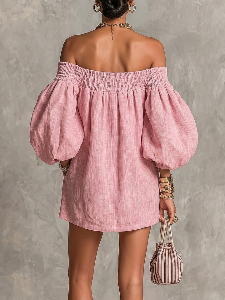 Pink Mini A-line Dress with Lantern Sleeves and Off-the-Shoulder Design