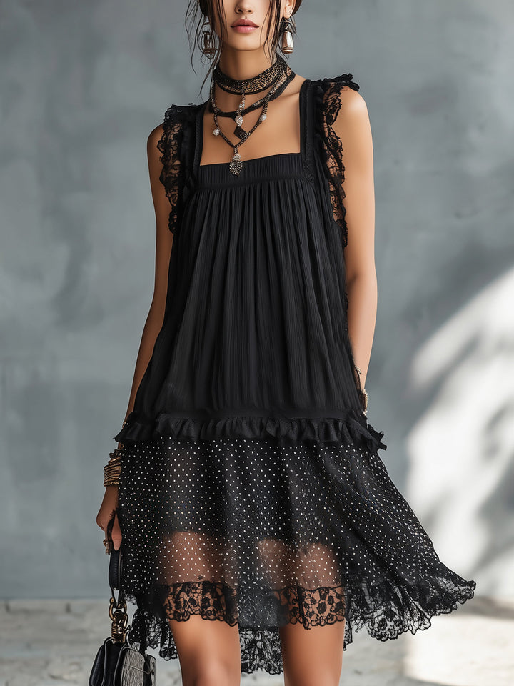 Transparent Mini Dress with Dots, Ruffles, and Black Lace Trim