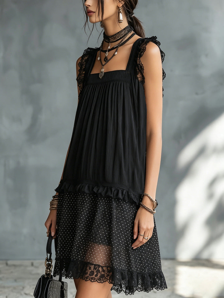 Transparent Mini Dress with Dots, Ruffles, and Black Lace Trim