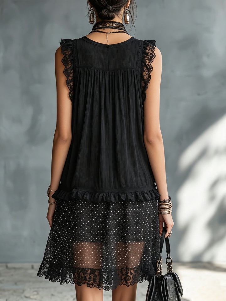 Transparent Mini Dress with Dots, Ruffles, and Black Lace Trim