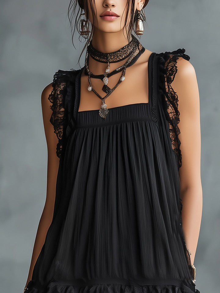 Transparent Mini Dress with Dots, Ruffles, and Black Lace Trim