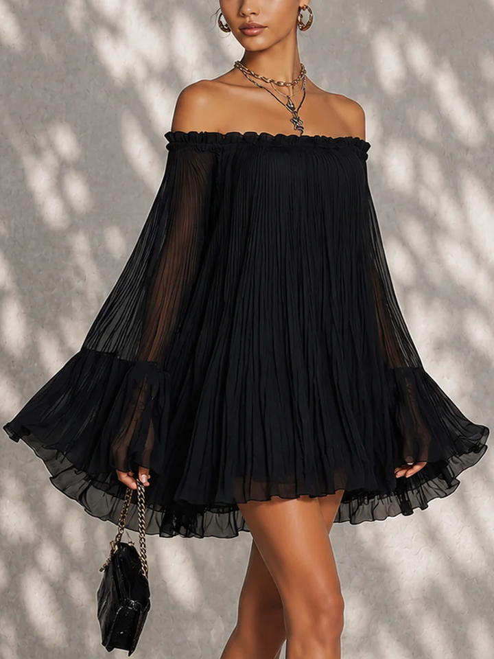 Black Mini Dress with Bell Sleeves and Ruffles Off-shoulder