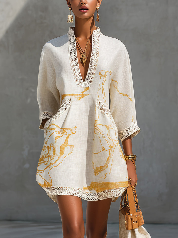 Ivory Gold V-Neck Crochet Lace Mini Dress