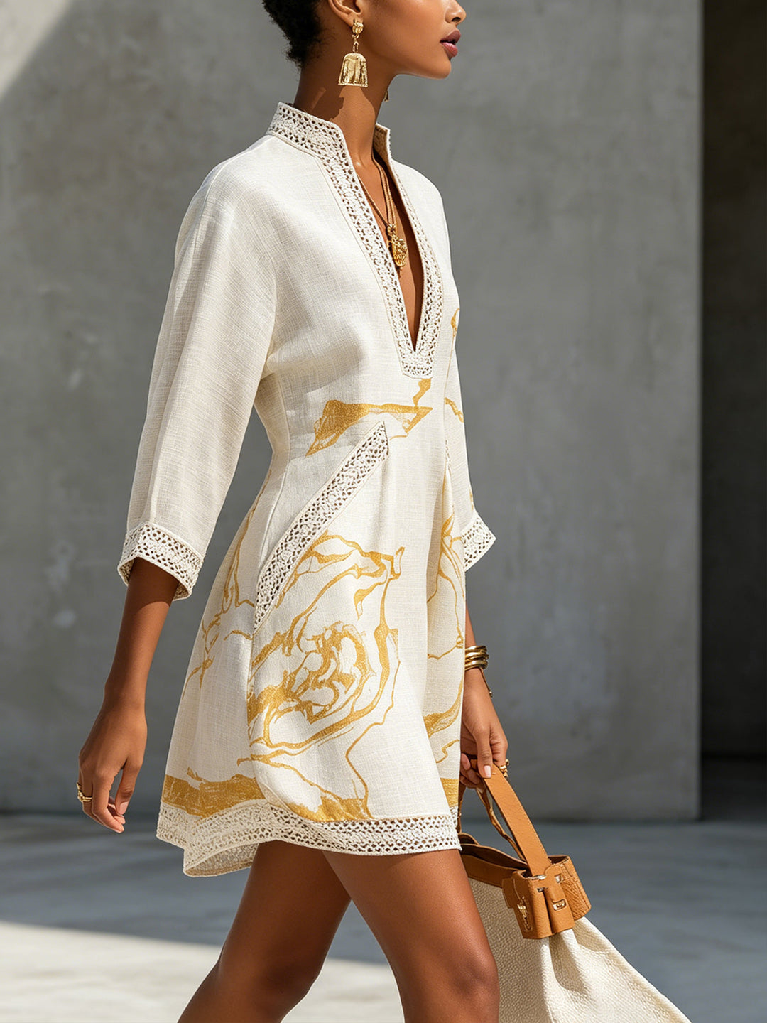 Ivory Gold V-Neck Crochet Lace Mini Dress