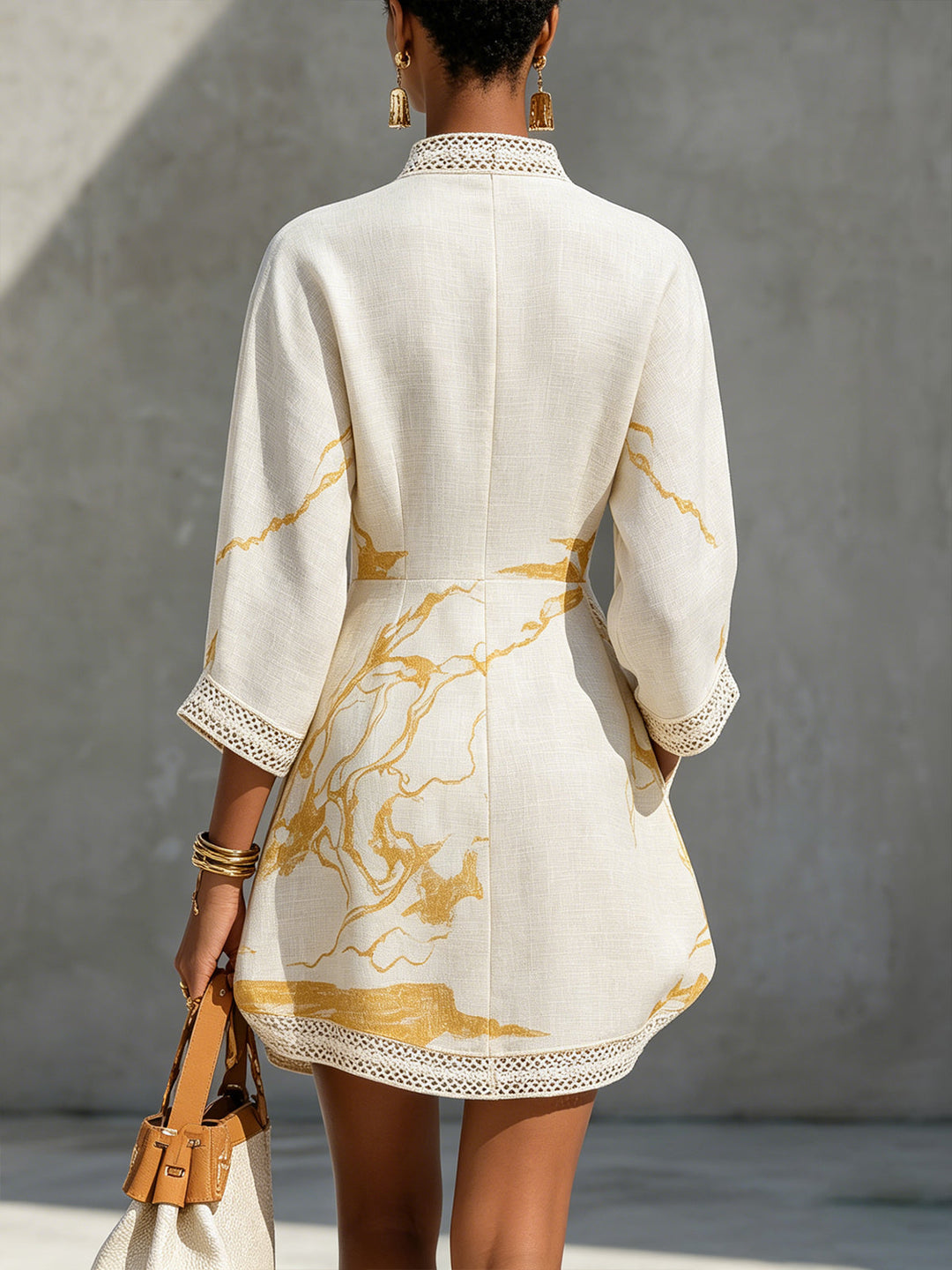 Ivory Gold V-Neck Crochet Lace Mini Dress