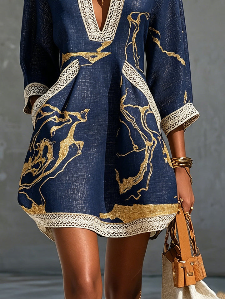 Navy Gold Printed V-Neck Crochet Lace Mini Dress