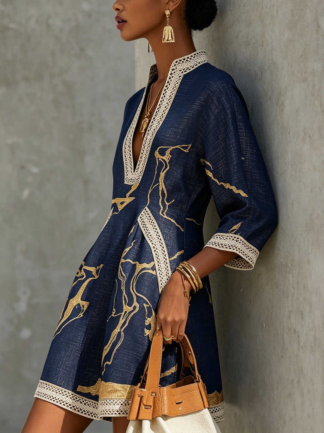Navy Gold Printed V-Neck Crochet Lace Mini Dress
