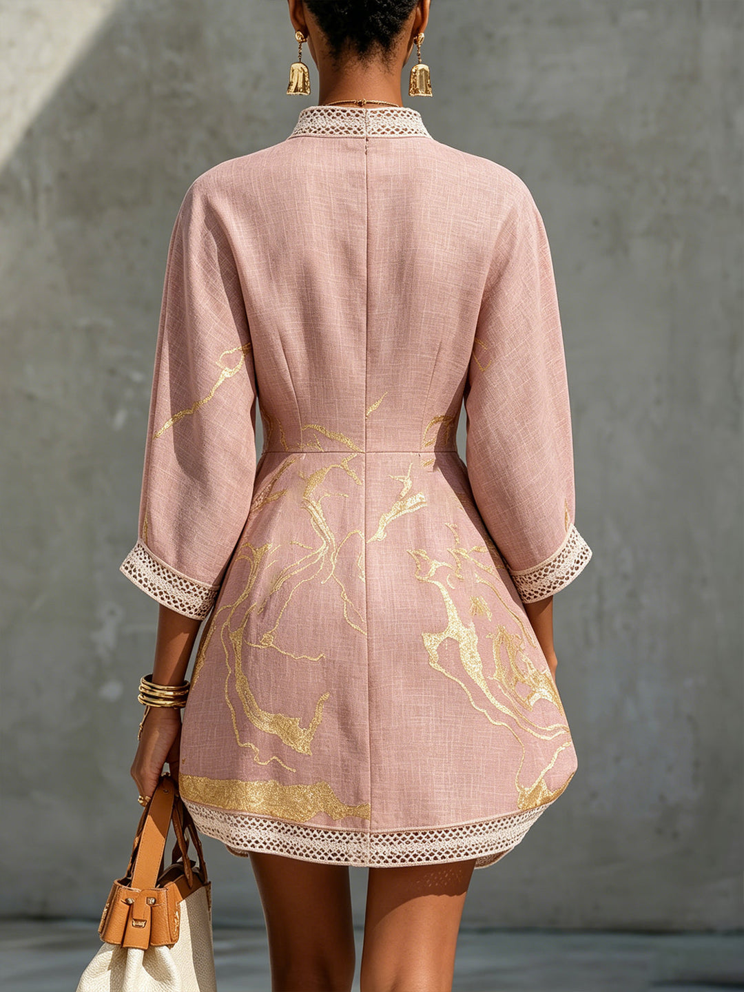 Crochet Lace Mini Dress with V-Neck in Rose Gold
