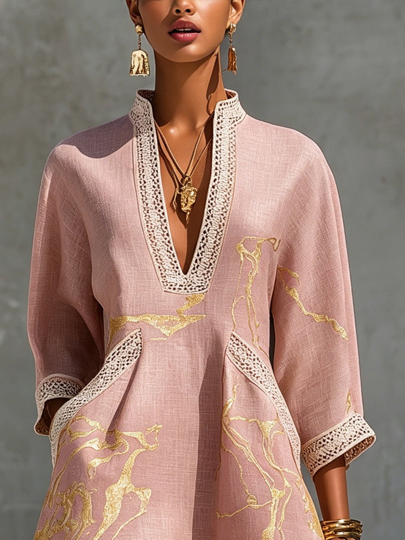 Crochet Lace Mini Dress with V-Neck in Rose Gold