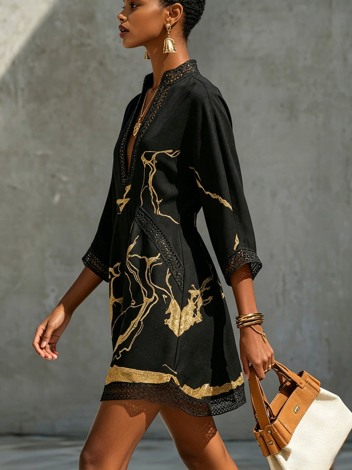 Mini Lace Dress with Black Gold V Print