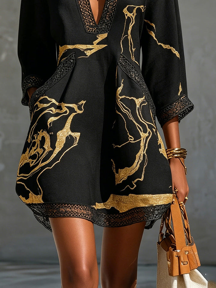 Mini Lace Dress with Black Gold V Print