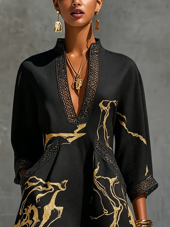 Mini Lace Dress with Black Gold V Print