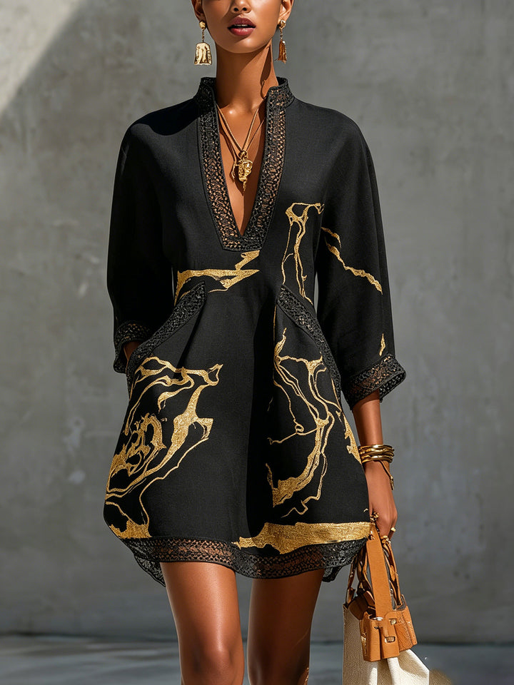 Mini Lace Dress with Black Gold V Print