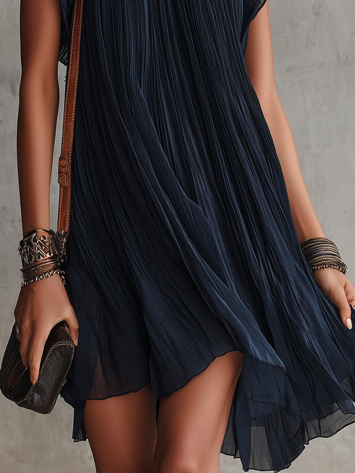 Navy Blue Floral Embroidered Pleated Mini Dress