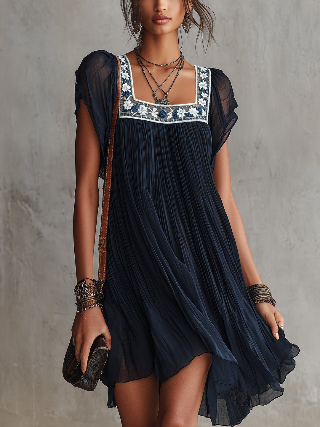 Navy Blue Floral Embroidered Pleated Mini Dress