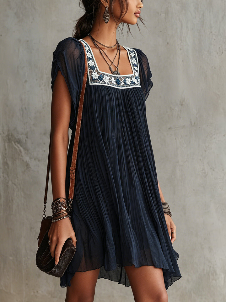 Navy Blue Floral Embroidered Pleated Mini Dress