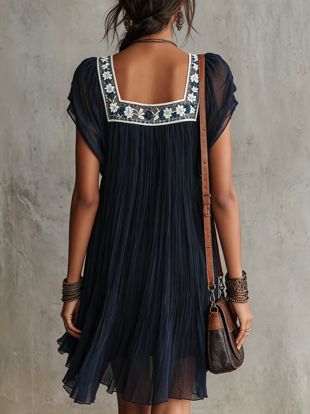 Navy Blue Floral Embroidered Pleated Mini Dress